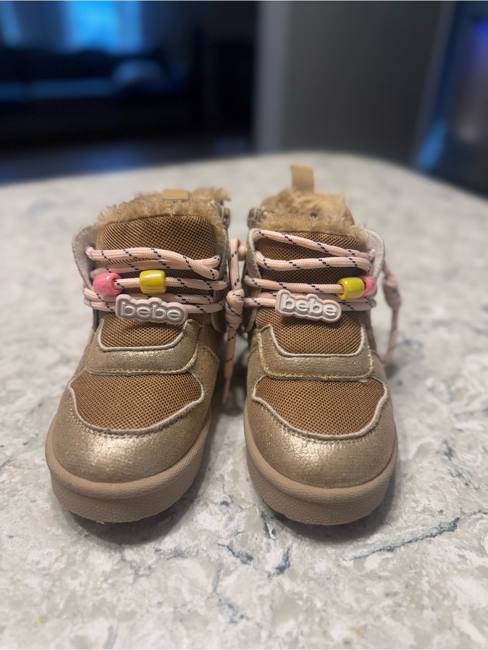 bebe Kids' Tan Metallic Faux-Fur Lace-Up Boots with Pink & Yellow Beads